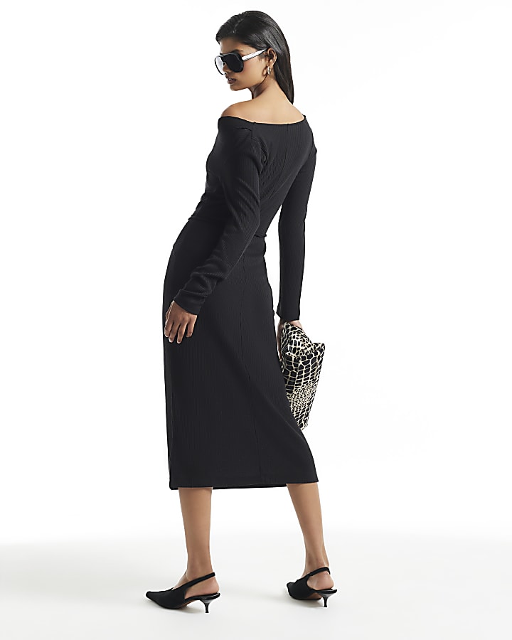 Black Long Sleeve Cowl Neck Midi Dress