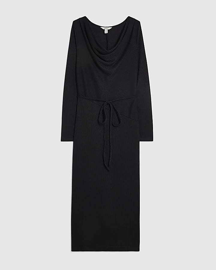 Black Long Sleeve Cowl Neck Midi Dress