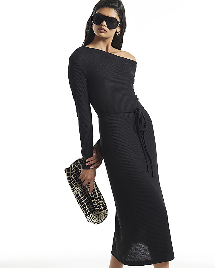 Black Long Sleeve Cowl Neck Midi Dress