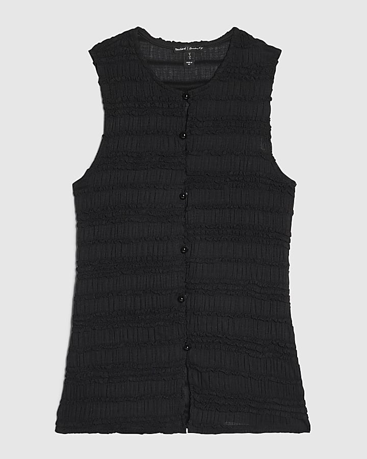Black Sleeveless Button Front Ruffle Top
