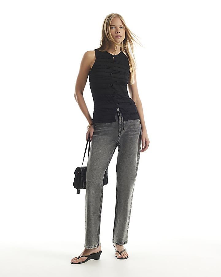 Black Sleeveless Button Front Ruffle Top