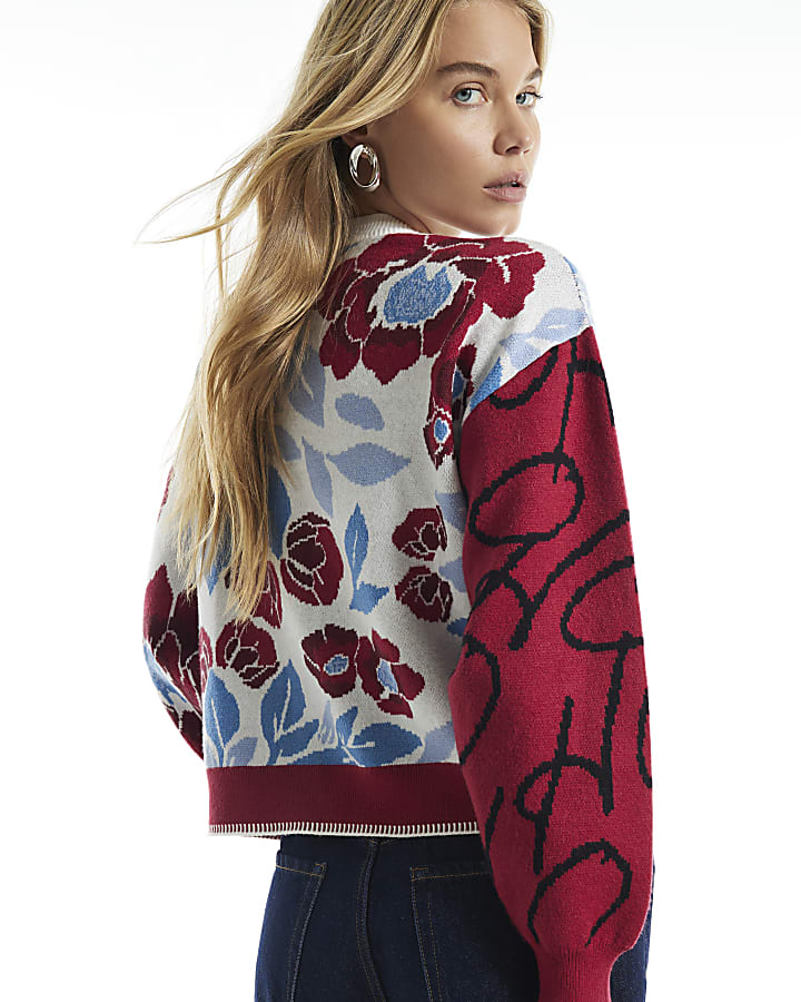 Red Knit Floral Christmas Ho Ho Ho Cardigan