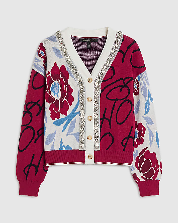 Red Knit Floral Embellished Cardigan