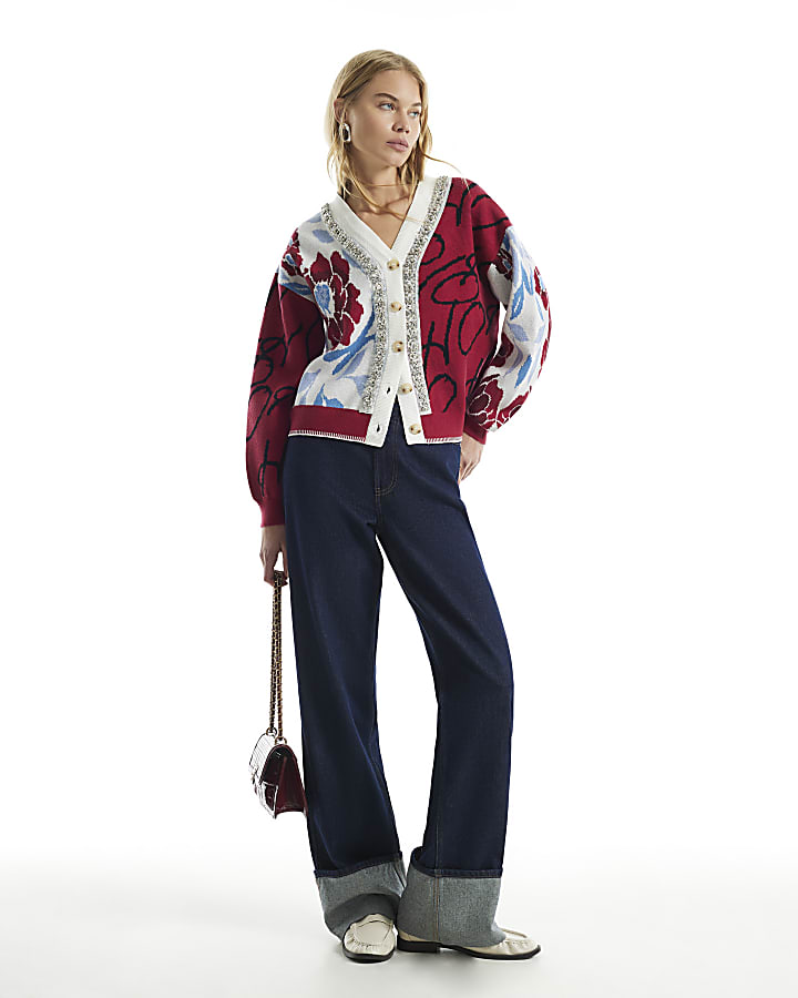 Red Knit Floral Christmas Ho Ho Ho Cardigan