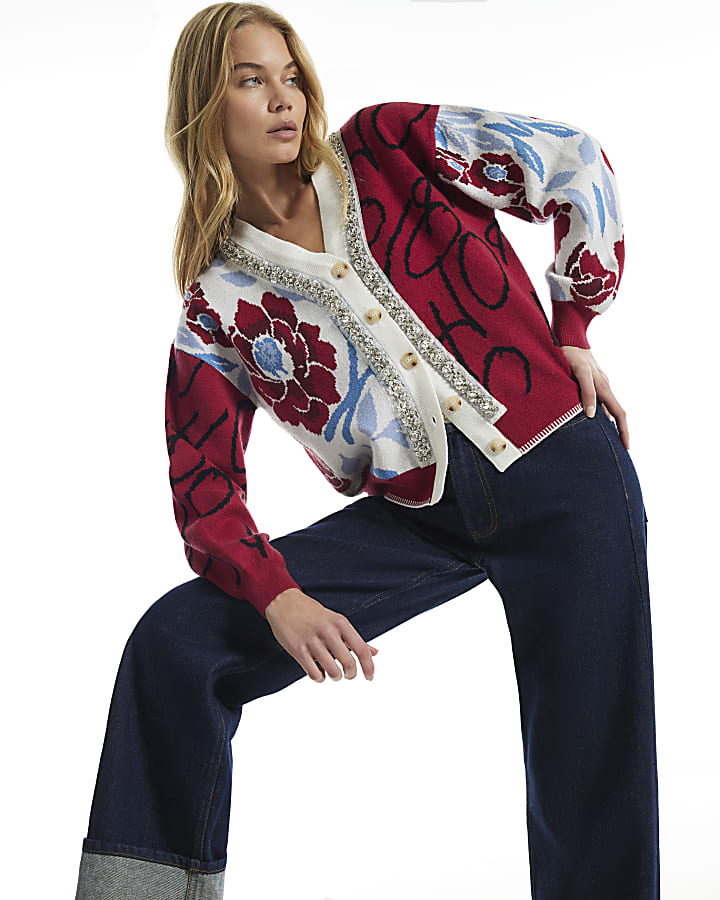 Red Knit Floral Christmas Ho Ho Ho Cardigan
