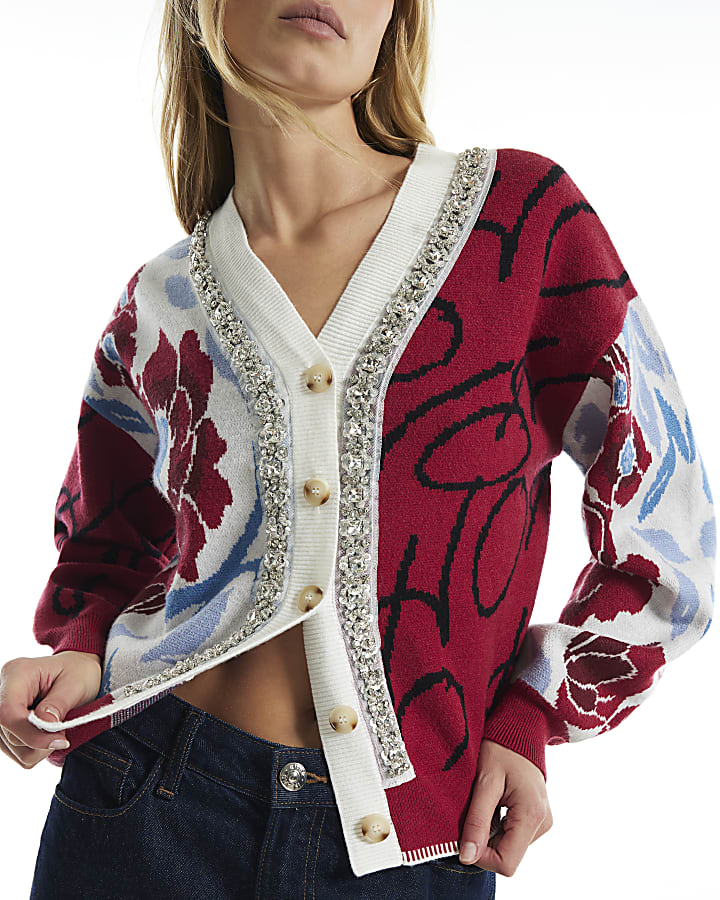 Red Knit Floral Christmas Ho Ho Ho Cardigan