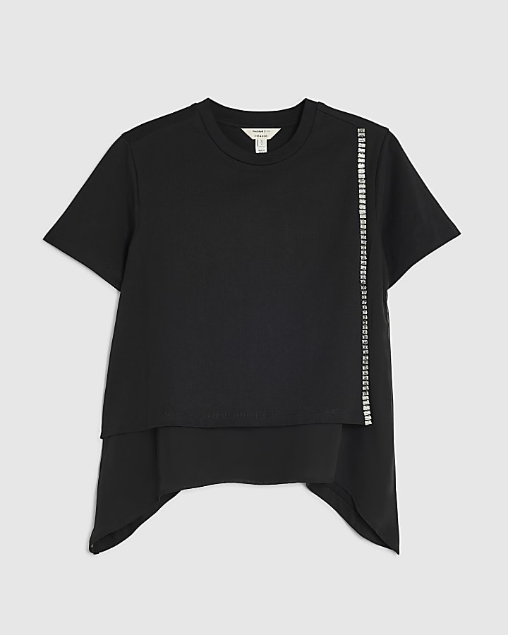 Black Diamante Trim Hybrid T-Shirt