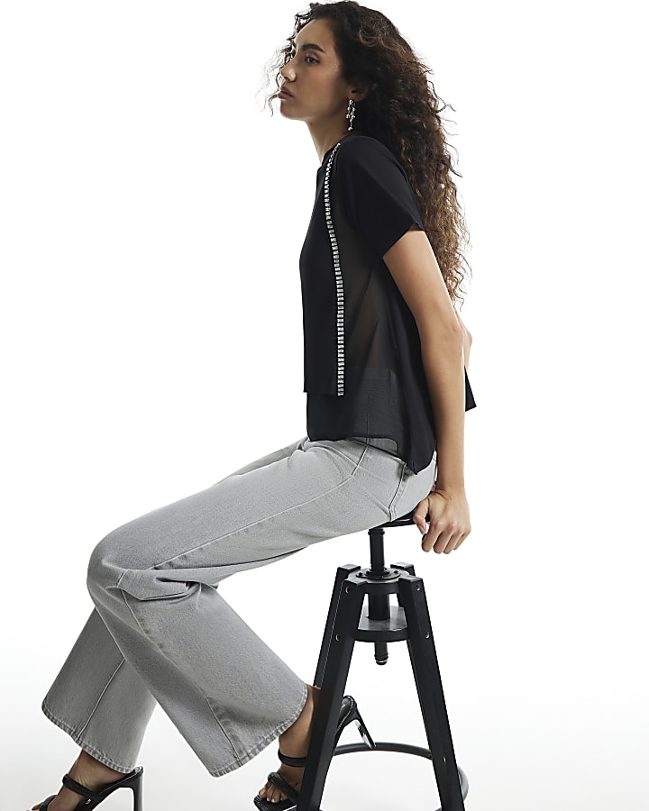 Black Diamante Trim Hybrid T-Shirt