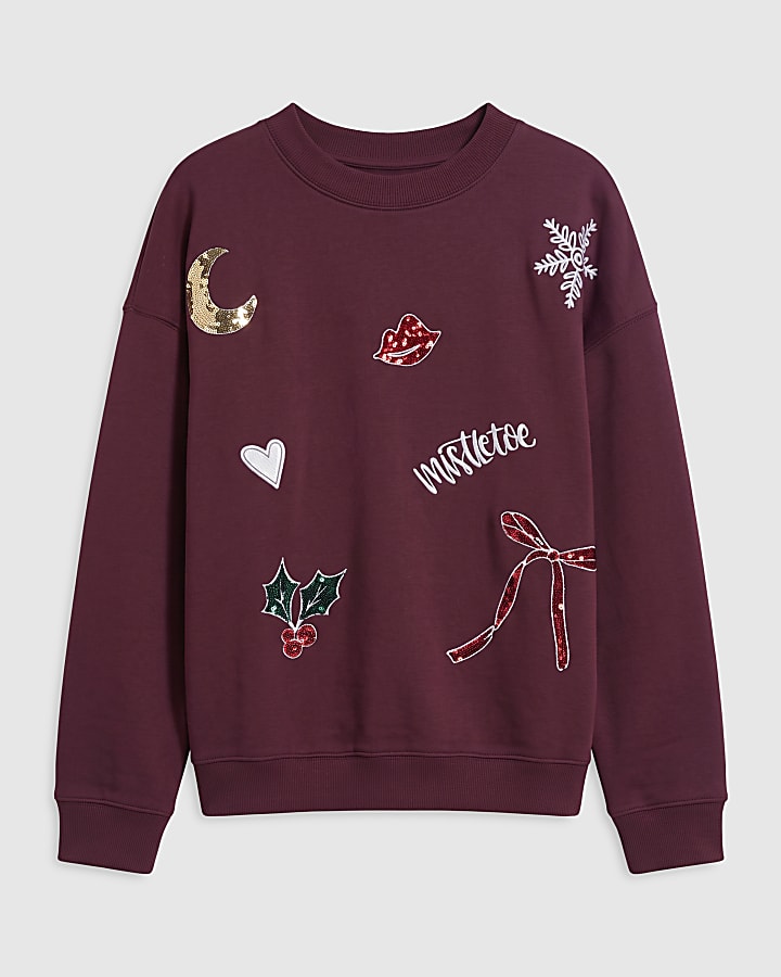Burgundy Quirky Embellished Xmas Sweatshirt