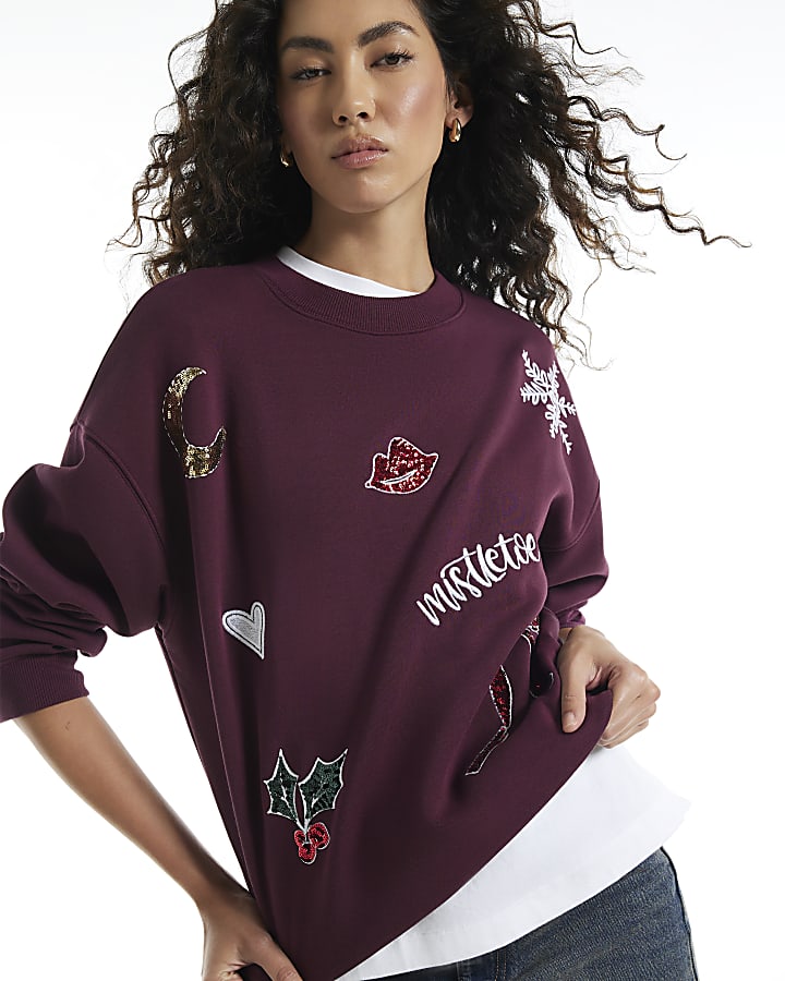 Burgundy Quirky Embellished Sweatshirt