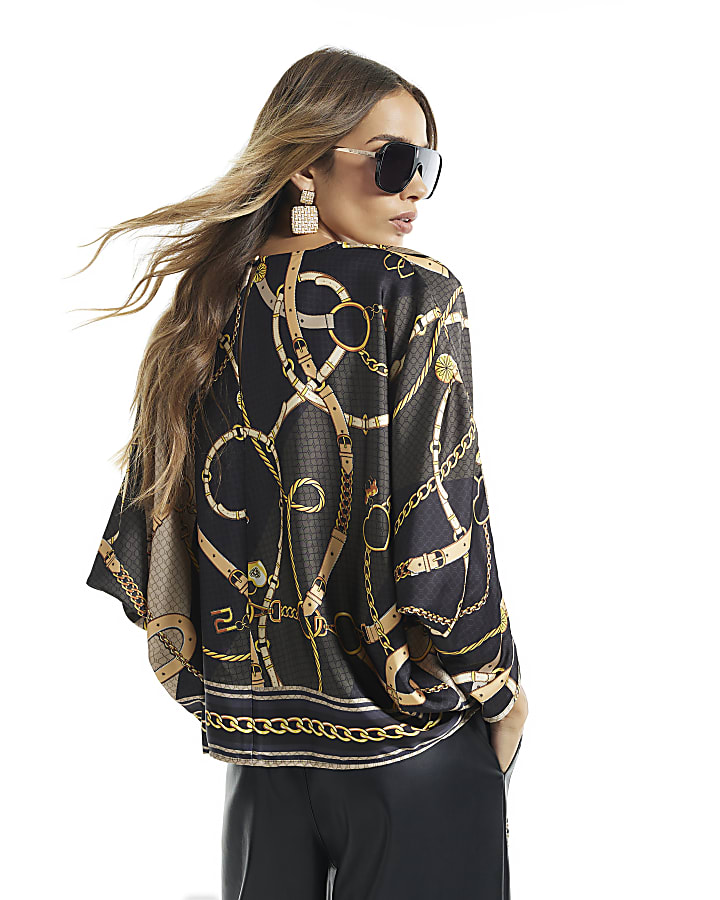 Black Satin Chain Print Batwing Top