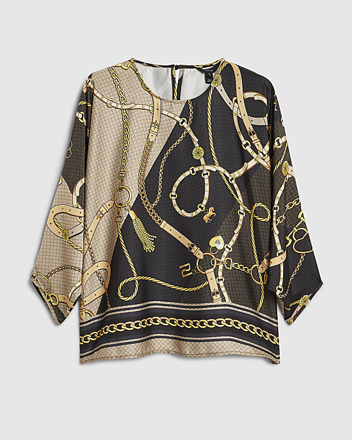 Black Satin Chain Print Batwing Top