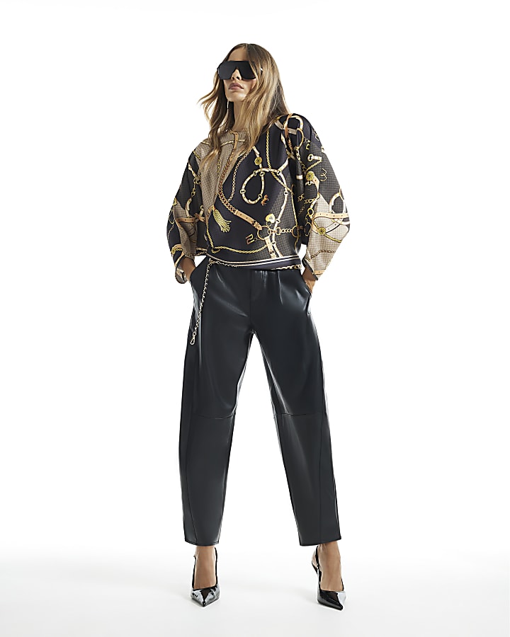 Black Satin Chain Print Batwing Top