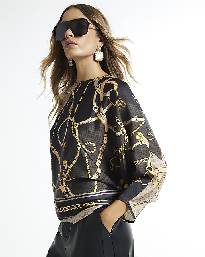 Black Satin Chain Print Batwing Top