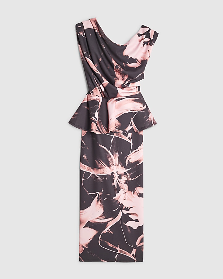 Pink Abstract Print Peplum Midi Bardot Dress