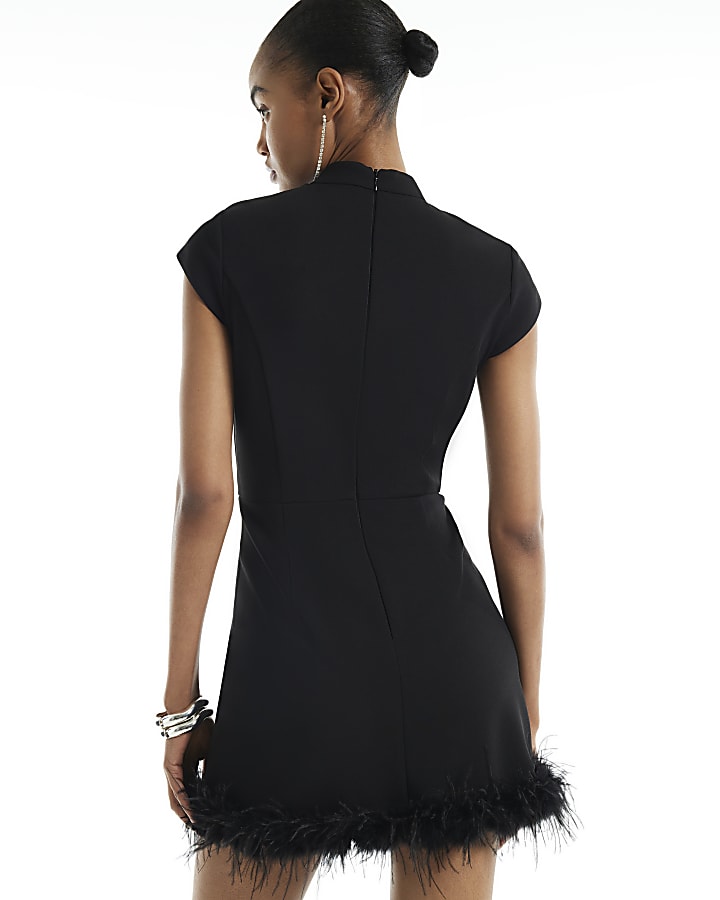 Black Stand Up Collar Feather Trim Mini Dress