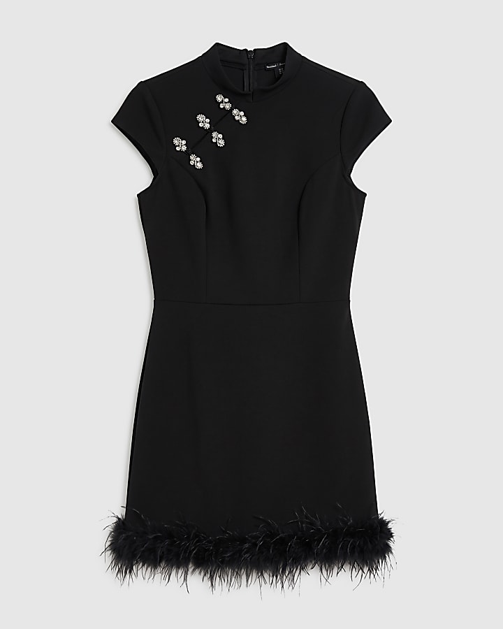 Black Stand Up Collar Feather Trim Mini Dress