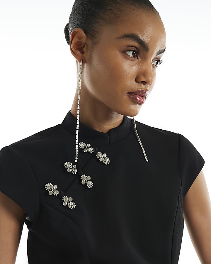 Black Stand Up Collar Feather Trim Mini Dress