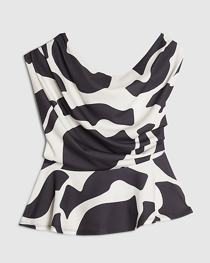 White Sleeveless Print Drape Peplum Top