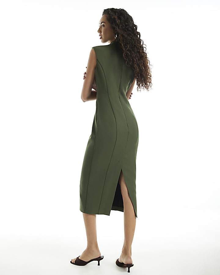 Khaki Notch Neck Belted Midi Dress