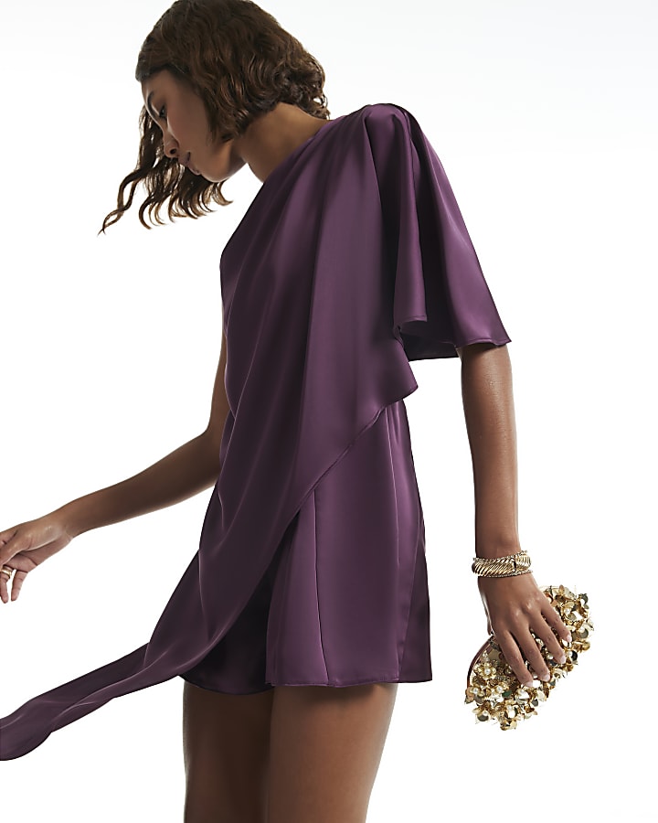 Purple Asymmetrical Cape Playsuit