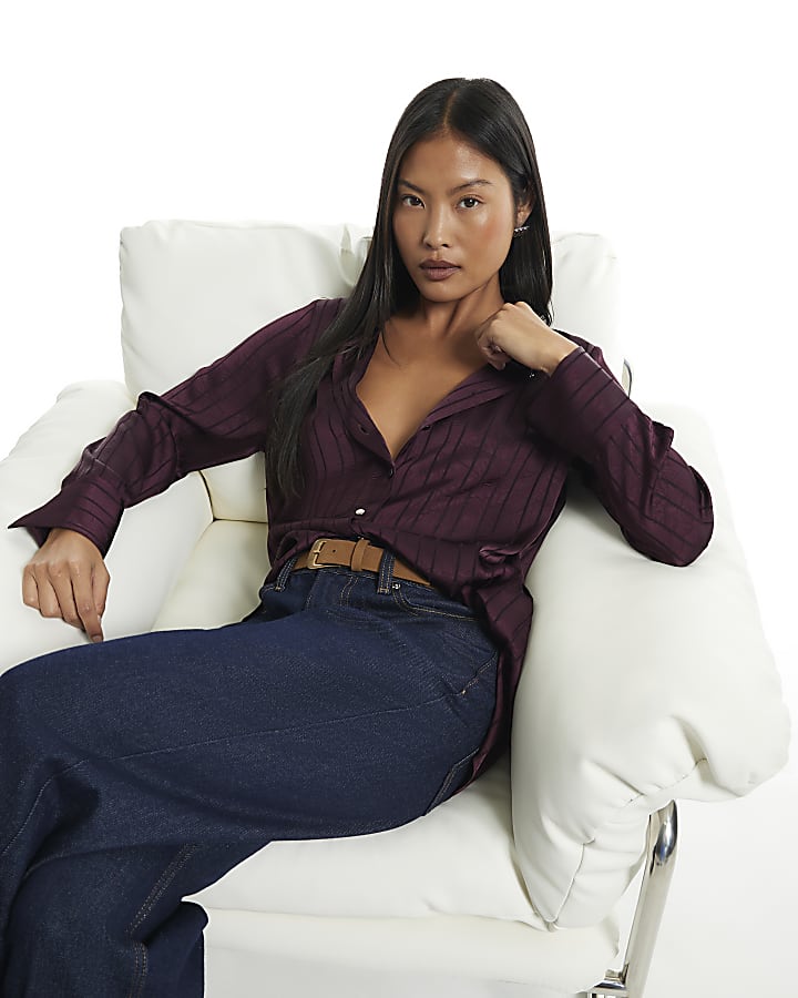 Petite Burgundy Stripe Crinkle Blouse