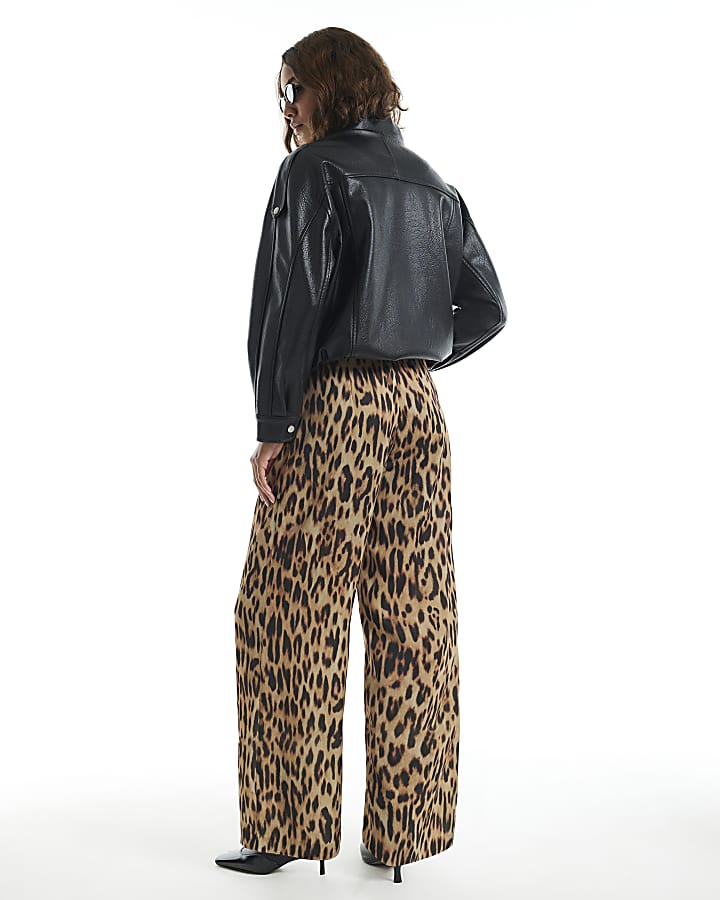 Brown Satin Leopard Print Wide Leg Trousers