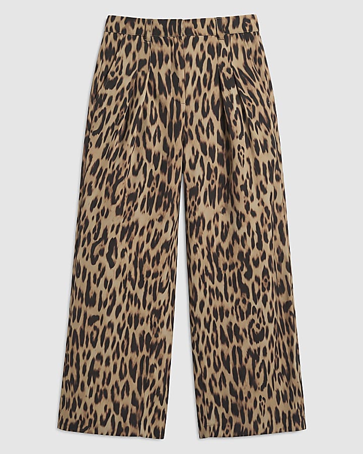 Brown Satin Leopard Print Wide Leg Trousers