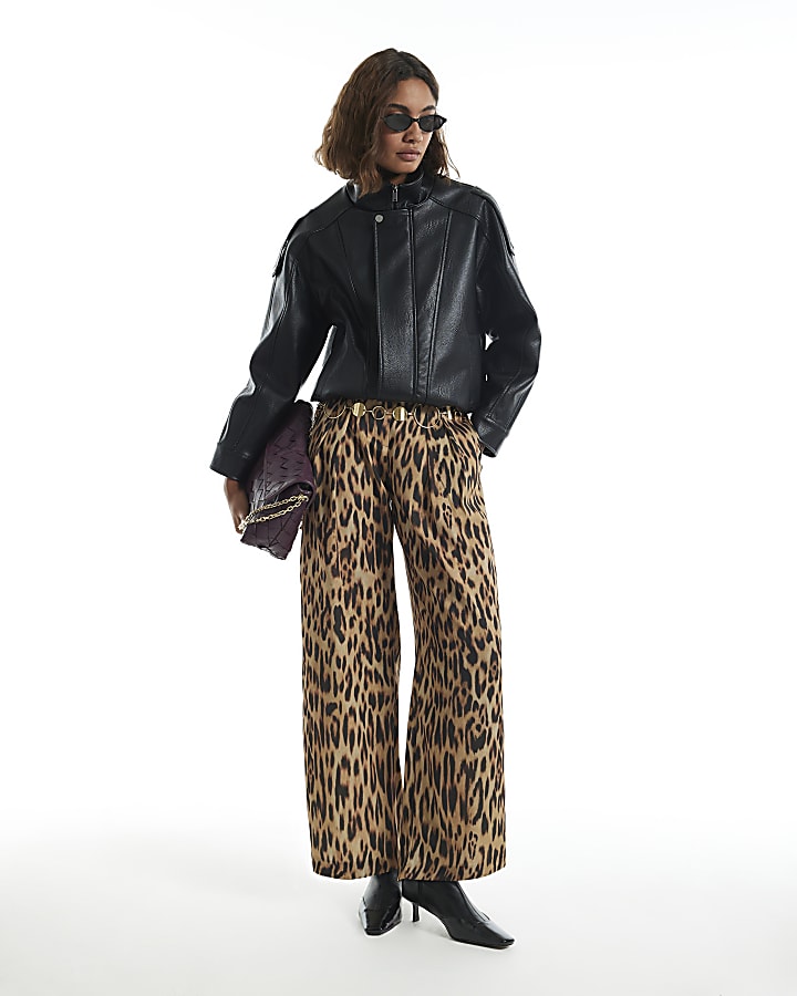 Brown Satin Leopard Print Wide Leg Trousers
