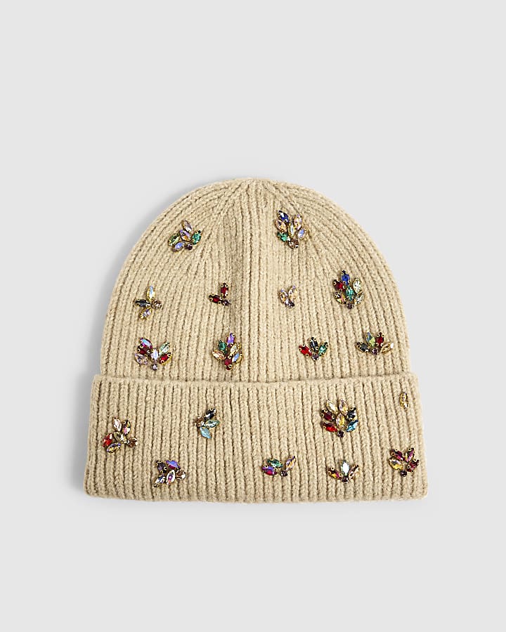 Beige Knit Embellished Beanie