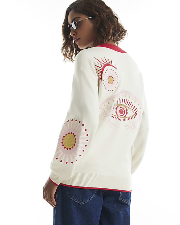 Cream Embroidered Quirky Cardigan