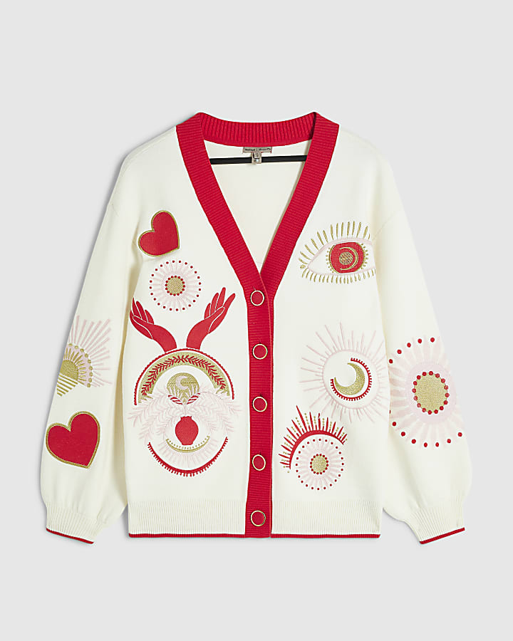 Cream Embroidered Quirky Cardigan