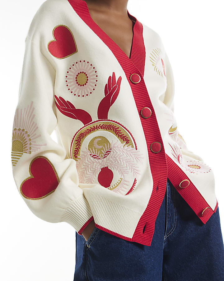 Cream Embroidered Quirky Cardigan