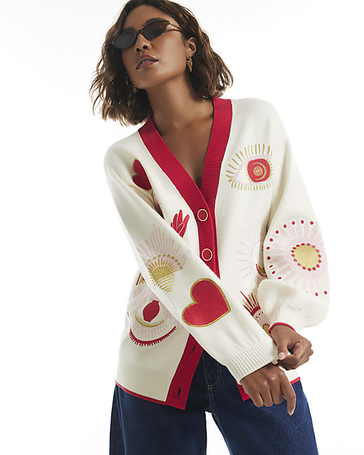 Cream Embroidered Quirky Cardigan