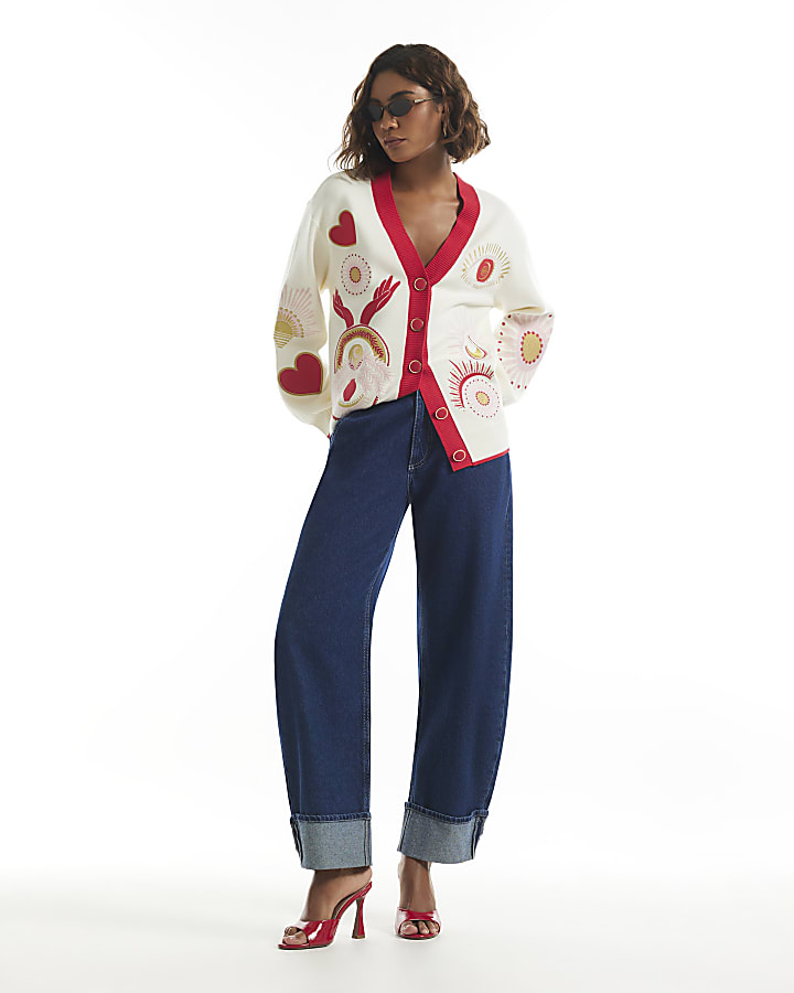 Cream Embroidered Quirky Cardigan