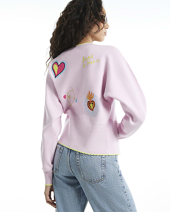Pink Knit Embroidered Heart Cardigan