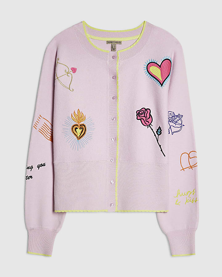 Pink Knit Embroidered Heart Cardigan