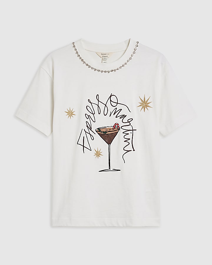 Cream Cotton Espresso Martini 3D Trim T-Shirt
