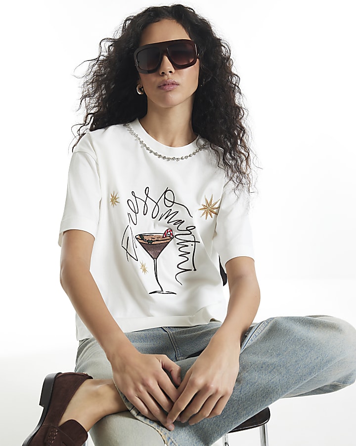 Cream Cotton Espresso Martini 3D Trim T-Shirt