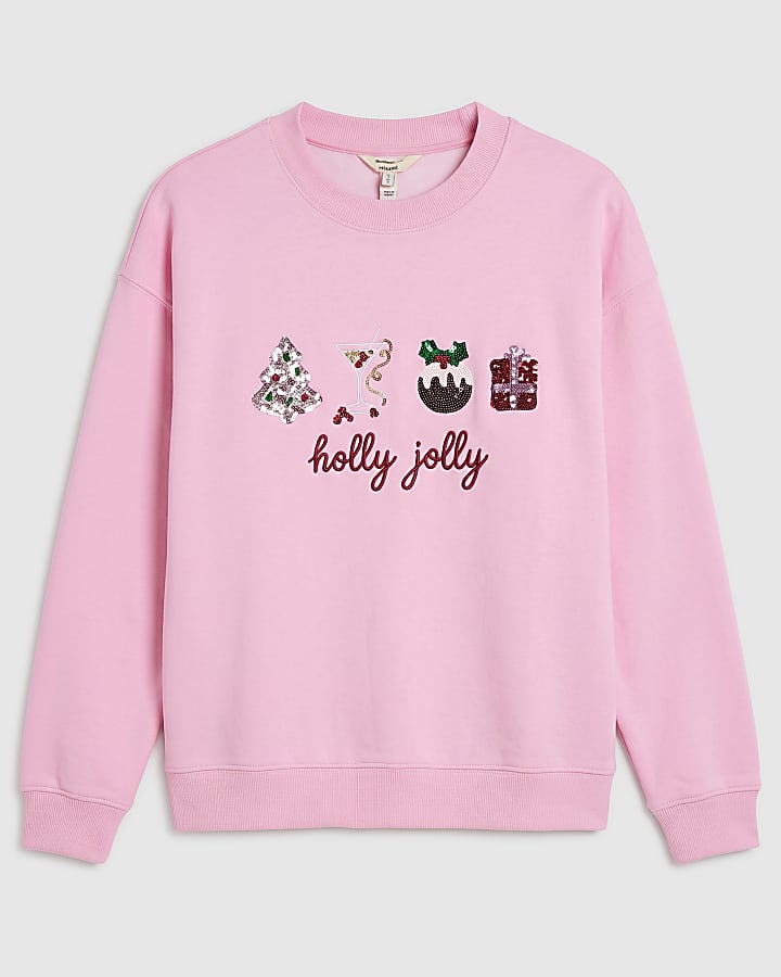 Pink Holly Jolly Embroidered Sweatshirt