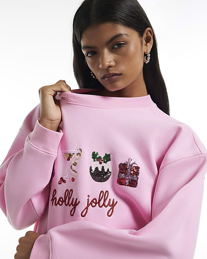 Pink Holly Jolly Embroidered Sweatshirt