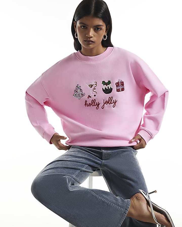 Pink Holly Jolly Embroidered Sweatshirt
