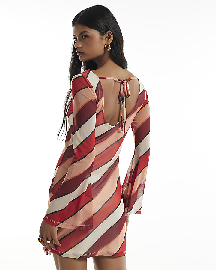 Orange Mesh Stripe Tie Back Mini Dress