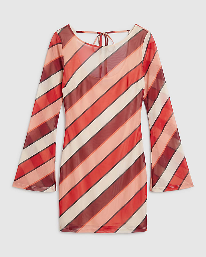 Orange Mesh Stripe Tie Back Mini Dress