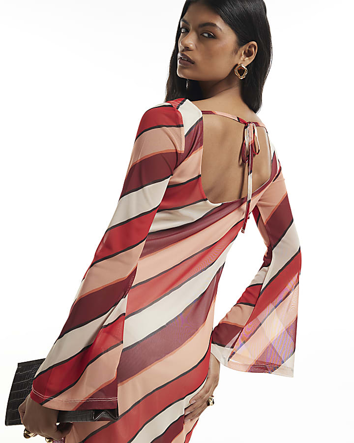Orange Mesh Stripe Tie Back Mini Dress