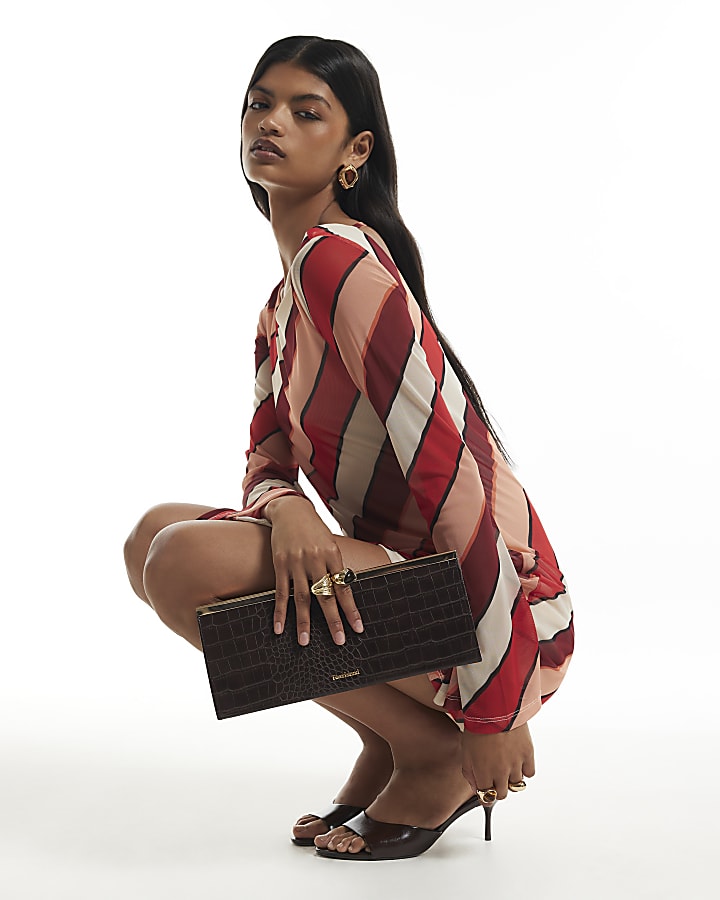Orange Mesh Stripe Tie Back Mini Dress