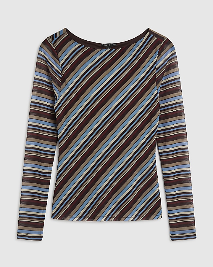 Brown Stripe Asymmetric Ruched Side Top