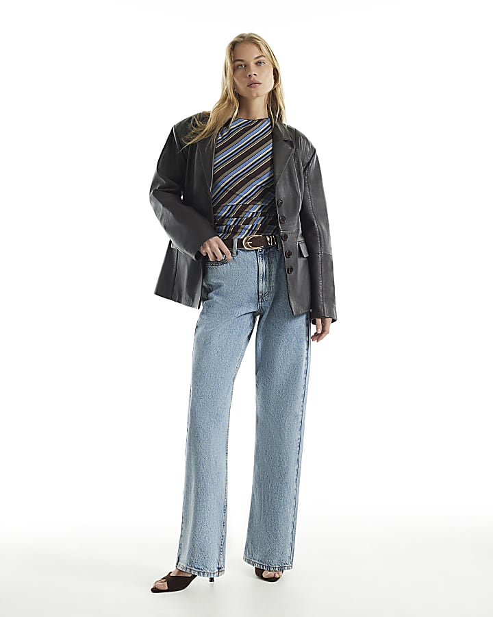 Brown Stripe Asymmetric Ruched Side Top