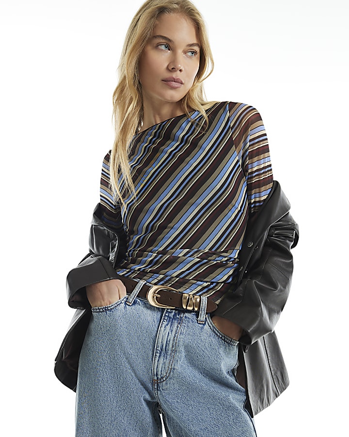 Brown Stripe Asymmetric Ruched Side Top