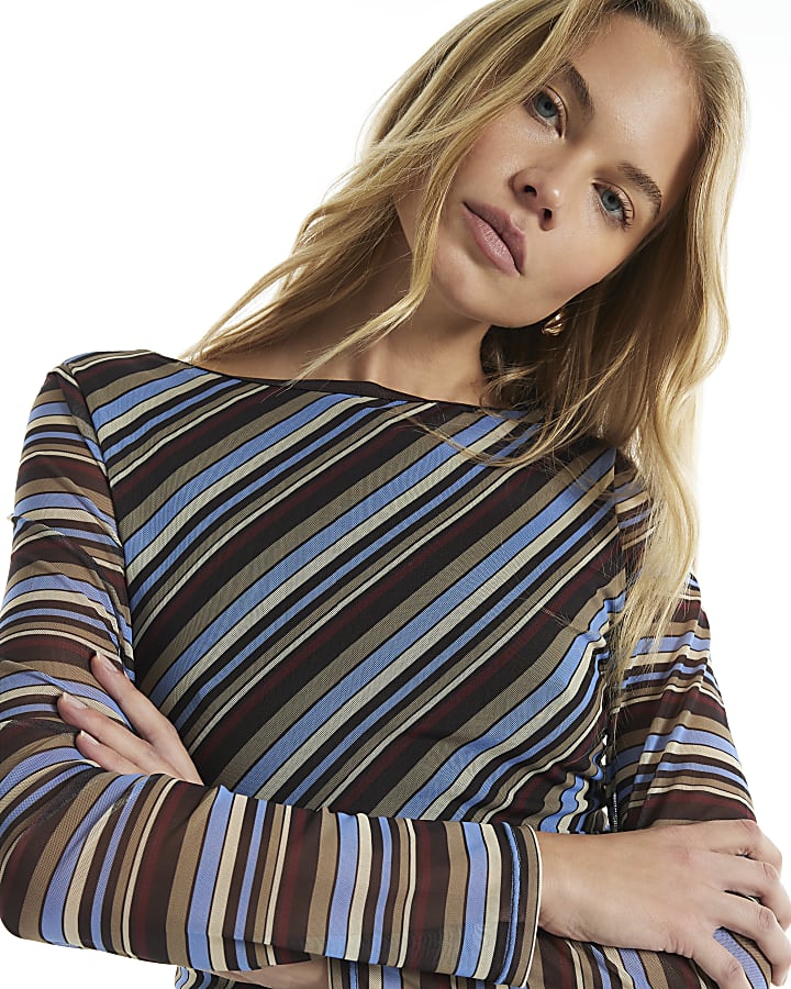 Brown Stripe Asymmetric Ruched Side Top